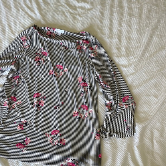 Charter Club Floral Striped Blouse with Red Floral Pattern And Bell Sleeves - Picture 5 of 11